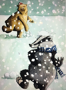 
afbeelding van sneeuwballengevecht tussen beer en das