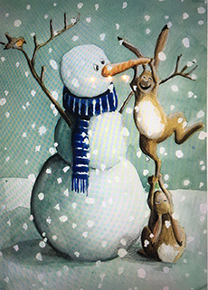 
afbeelding van hazen die de wortel van de sneeuwman stelen